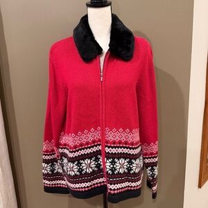 Croft & Barrow Festive Snowflake Christmas Faux Fur Cardigan Sweater, Size XL